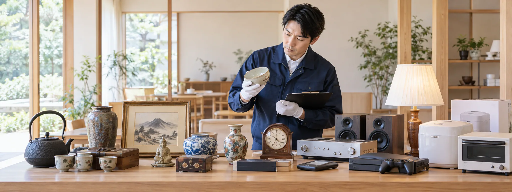骨董品や家電など幅広い品物を査定する担当者
