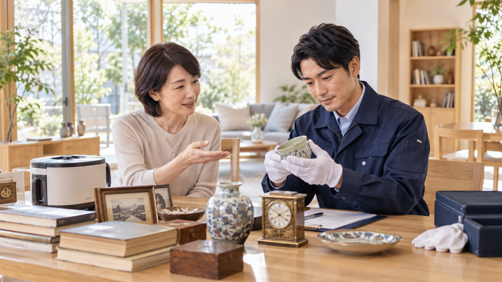 お客様の前で骨董品や家電を丁寧に査定する担当者