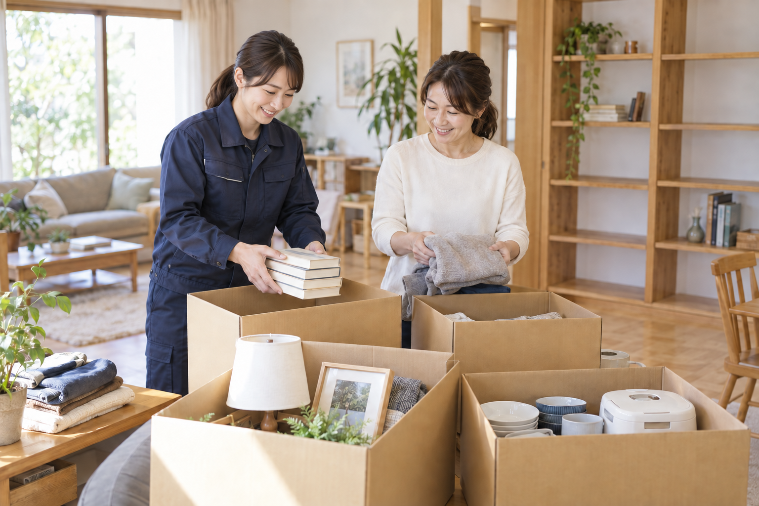 女性スタッフとお客様が家財を丁寧に仕分ける様子
