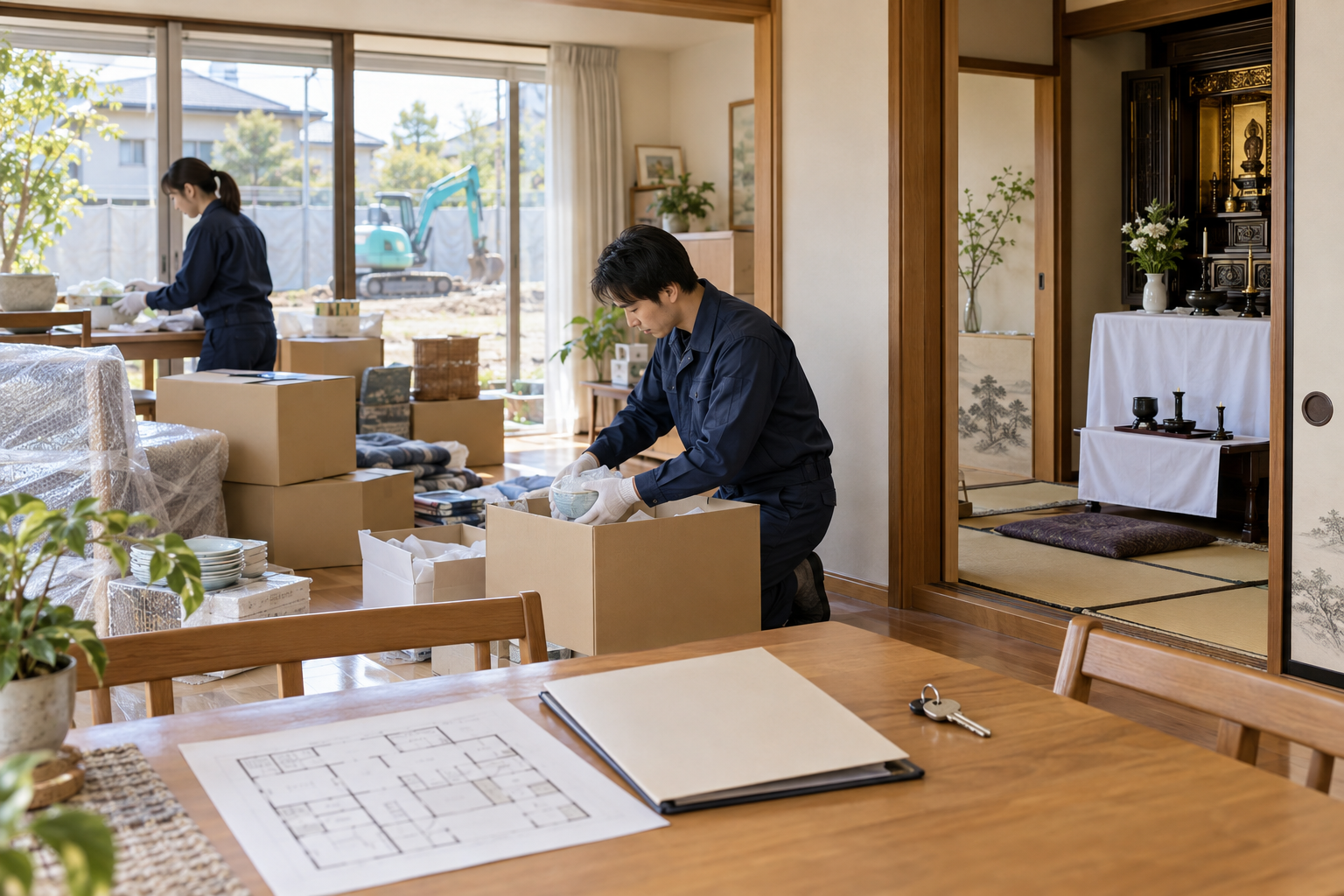 家財の片づけ、仏壇じまい、家屋解体、不動産売却をまとめて進める実家じまいの様子