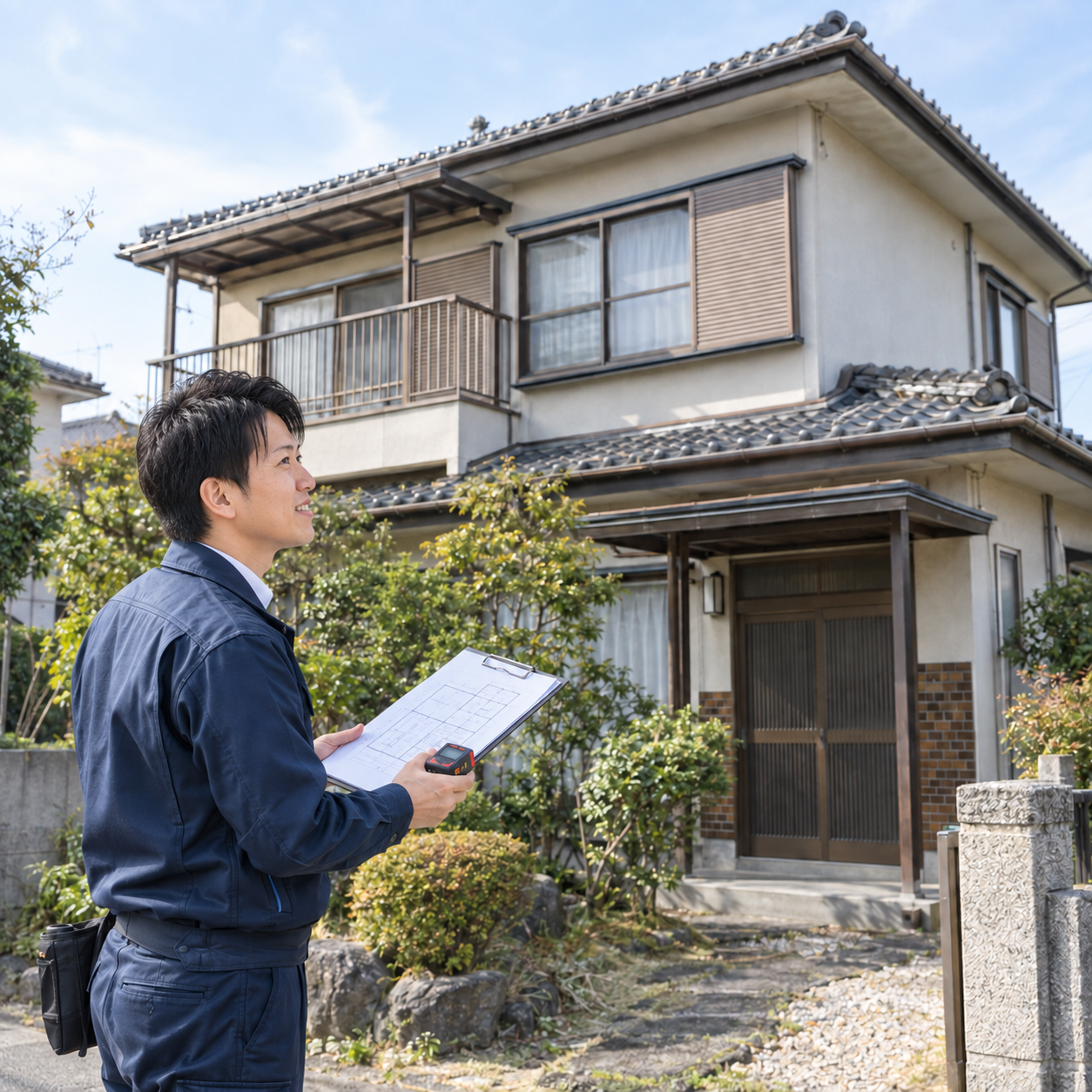 住宅の外観を確認しながら解体工事の見積もりを行う担当者