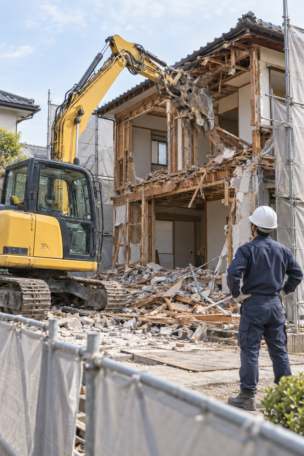 重機を使って木造住宅を安全に解体する現場