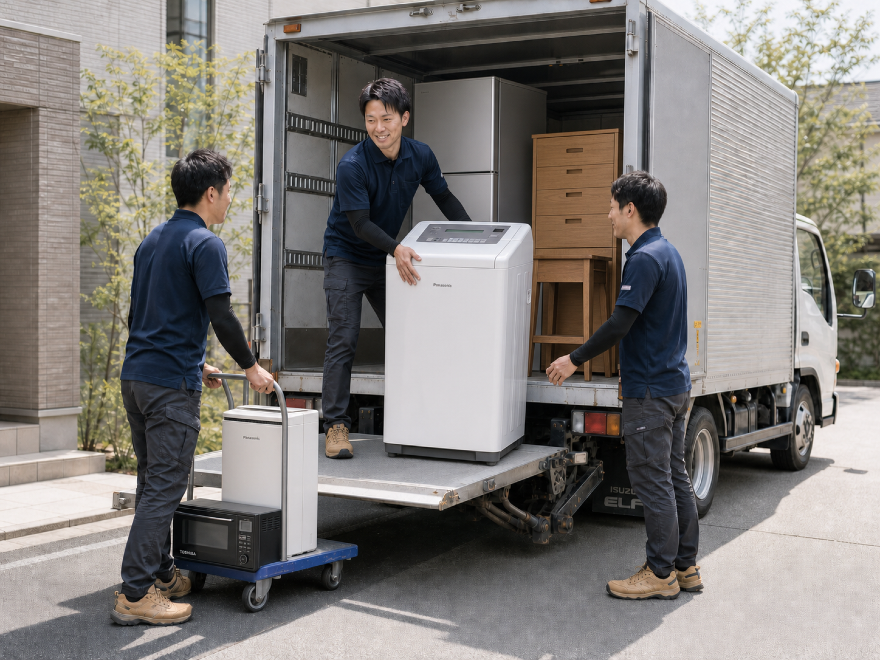 エルフ2トンショートのパワーゲートを使用し、3名で大型洗濯機や家電、家具を積み込む作業