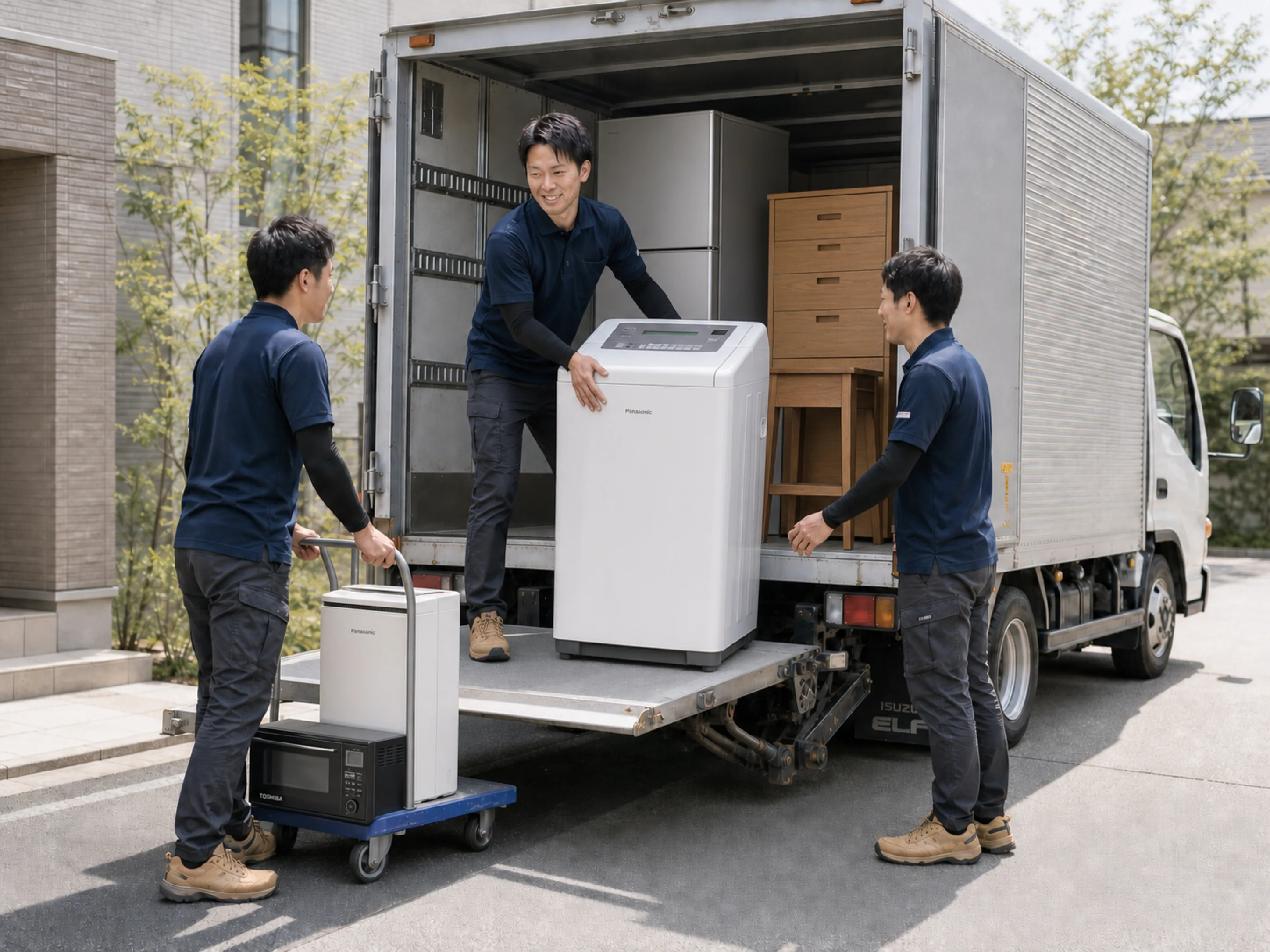 エルフ2トンショートのパワーゲートを使用し、3名で大型洗濯機や家電、家具を積み込む作業